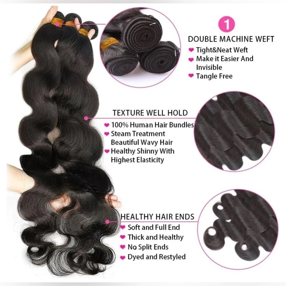 Body Wave Human Hair 20, 22 & 24  Inch 10A Brazilian  Black Virgin Human Bundles